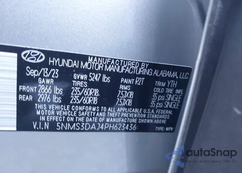 2023 Hyundai Santa Fe Sel z USA, uszkodzony, nr VIN 5NMS3DAJ4PH623436